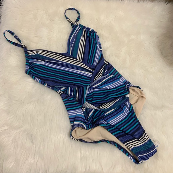 NWOT Merona Blue Striped Draped One Piece Size S - Picture 2 of 7
